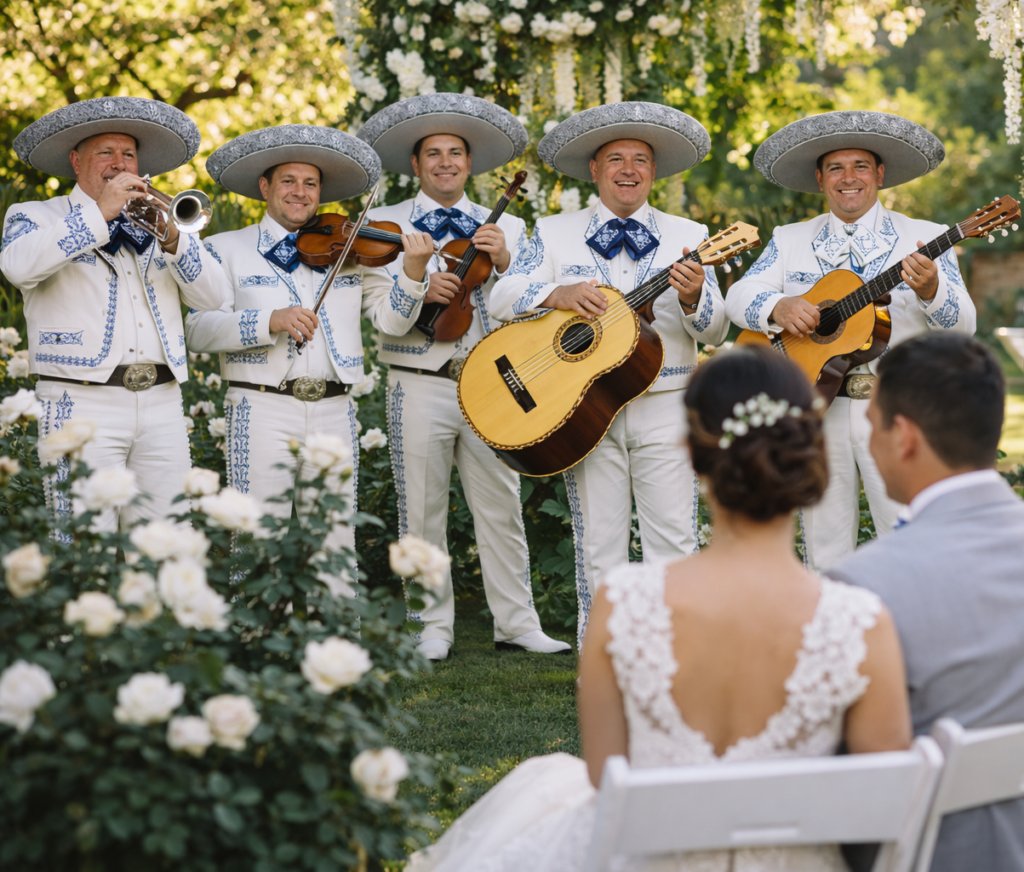 Grupo de siete mariachis sonrientes con trajes de gala blancos y azules tocando instrumentos de cuerda y trompeta frente a una pareja de novios sentados en un jardín decorado con rosas blancas.