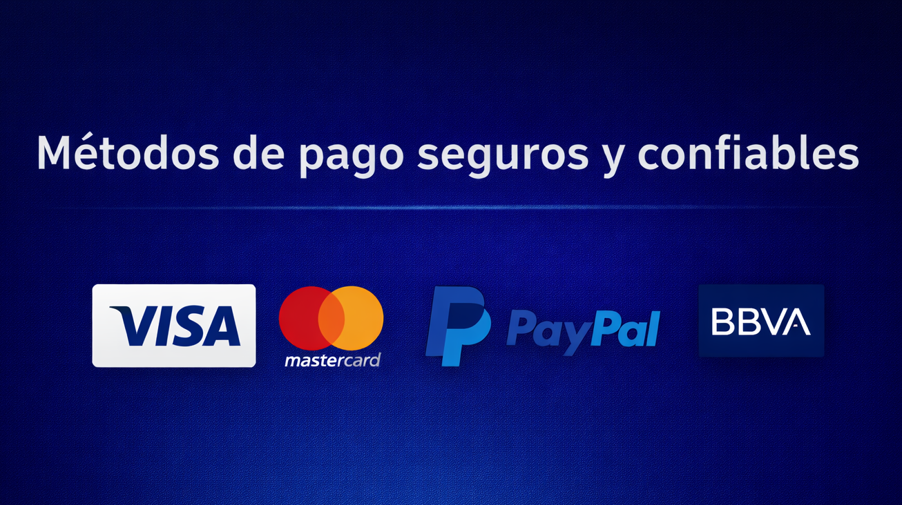 Banner con fondo azul que muestra logotipos de métodos de pago aceptados: Visa, Mastercard, PayPal y BBVA, bajo el texto "Métodos de pago seguros y confiables".