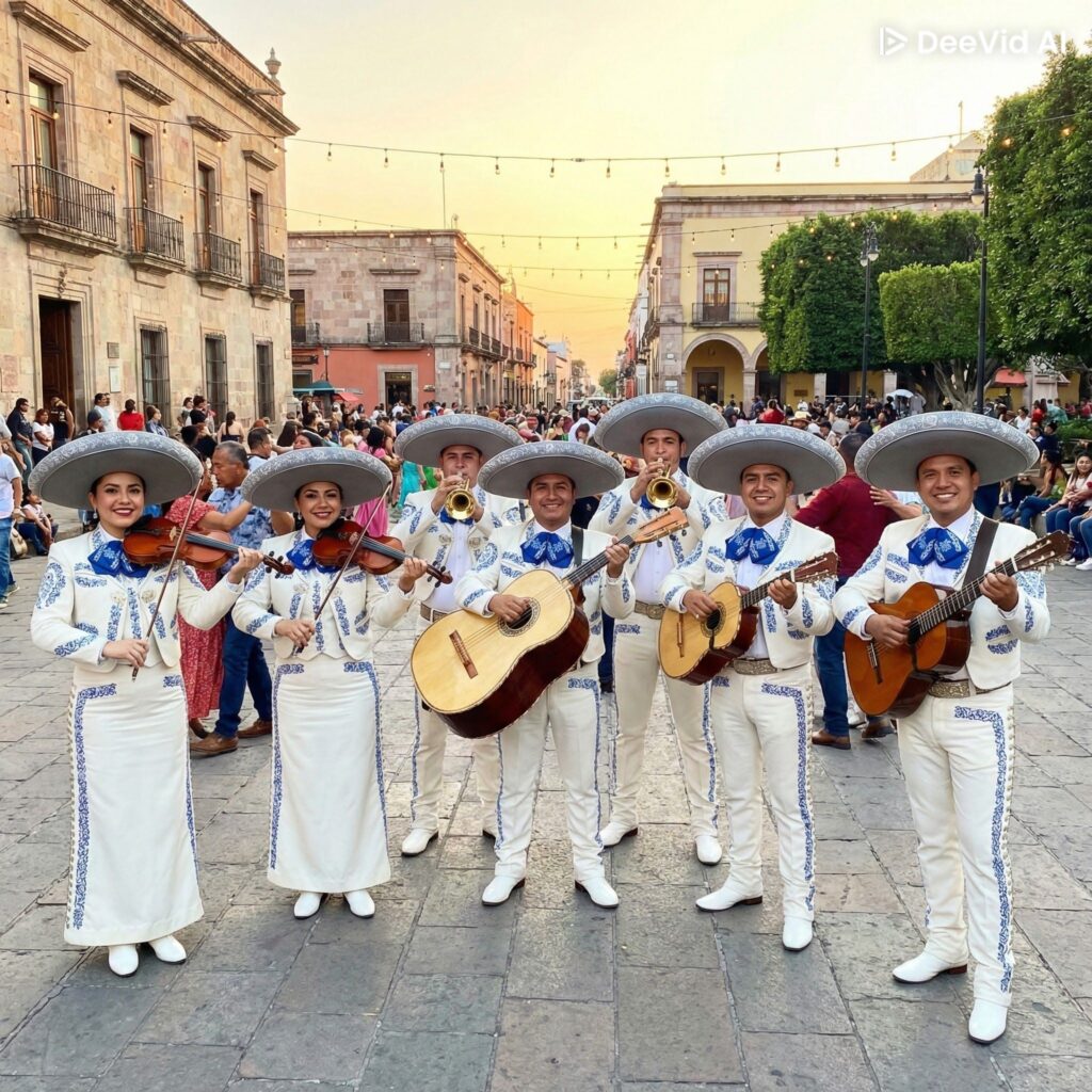 Grupo completo de siete mariachis, incluyendo dos mujeres violinistas, vistiendo elegantes trajes de gala blancos con bordados azules y moños a juego, posando con sus instrumentos en una plaza pública al atardecer.
