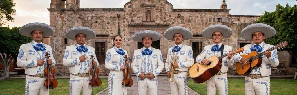 Grupo completo de siete mariachis, incluyendo dos mujeres violinistas, vistiendo elegantes trajes de gala blancos con bordados azules y moños a juego, posando con sus instrumentos en una plaza pública al atardecer.