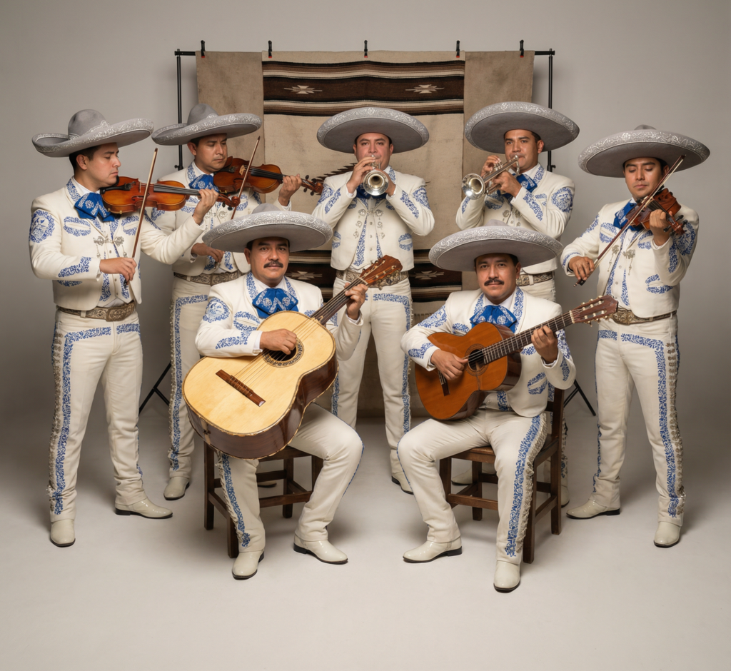 Siete músicos de mariachi posando en un estudio profesional frente a un fondo neutro y un tapete artesanal; visten trajes de gala blancos con intrincados bordados azules y moños a juego, portando violines, trompetas, guitarra y guitarrón.